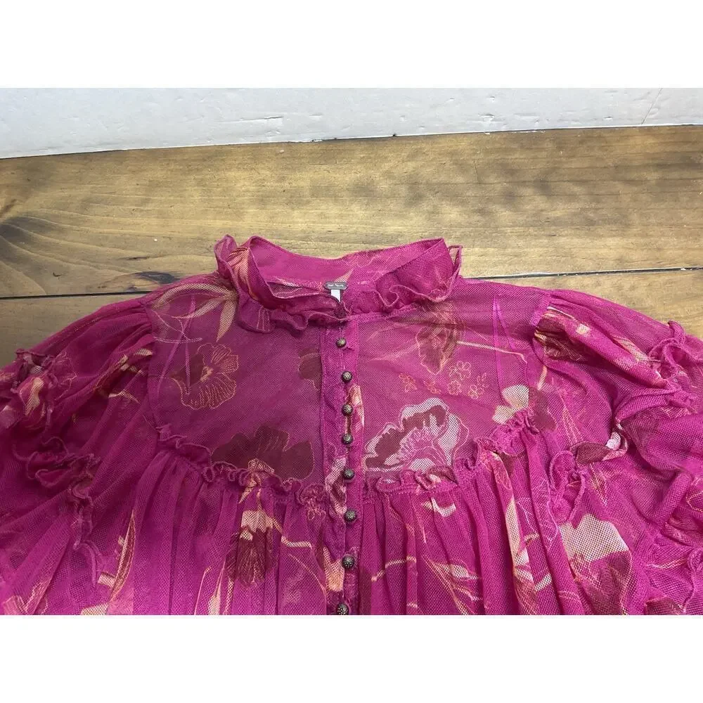Free People Time For Shine Mesh Cropped Smocked Pink Purple Floral Blouse Top L